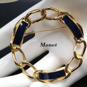 Vintage Monet Dark Blue Enamel Round Chain Brooch, Gold Plated, 2 Inches